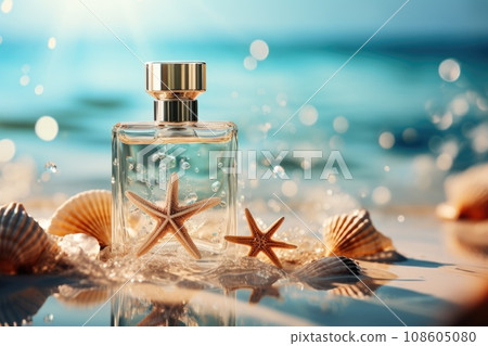 Transparent bottle of perfume with starfish and sea shells on blue water texture. AI generated 108605080