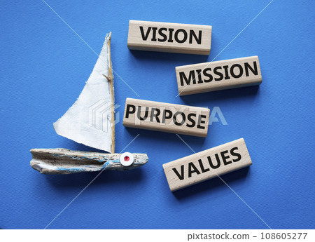 Vision Purpose Mission Values symbol. Concept word Vision Purpose Mission Values on wooden blocks. Beautiful blue background with boat. Business concept. Copy space. Vision Purpose Mission Values symbol. Concept word Vision Purpose Mission Values on wooden blocks. Beautiful blue background with boat. Business concept. Copy space. 108605277