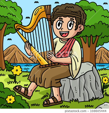 Christian David Playing the Harp Colored Cartoon 108605444
