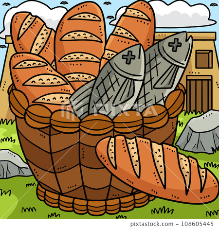 Christian Five Loaves and Two Fish Colored Cartoon 108605445