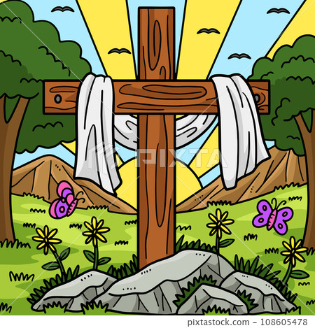 Christian Cross Draped with Fabric Colored Cartoon 108605478
