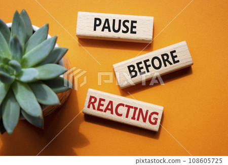 Pause before Reacting symbol. Concept words Pause before Reacting on wooden blocks. Beautiful orange background with succulent plant. Business concept. Copy space. 108605725