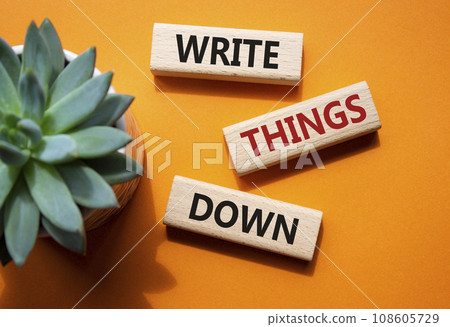 Write things down symbol. Concept words Write things down on wooden blocks. Beautiful orange background with succulent plant. Business and Write things down concept. Copy space. 108605729