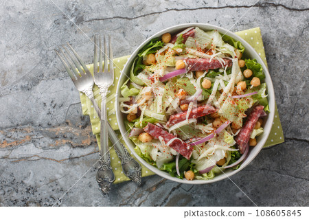 La Scala Chopped Salad with simple ingredients like chopped romaine, salami, and mozzarella close-up in a bowl. Horizontal top view La Scala Chopped Salad with simple ingredients like chopped romaine, salami, and mozzarella close-up in a bowl. Horizontal top view 108605845