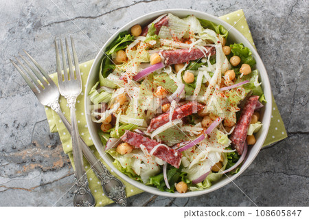 Italian American salad of salami, chickpeas, iceberg and romaine lettuce, mozzarella, onions close-up in a bowl. Horizontal top view 108605847
