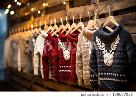 christmas sweaters hanging on a wooden wall with lights in the background and an image of a deer wearing a reindeer's head 108607088