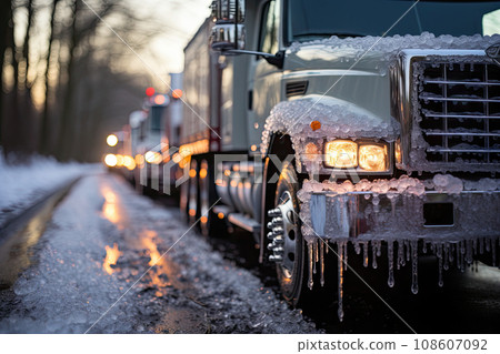a truck that is covered in ice and icing on the side of the road as it drives through the snow a truck that is covered in ice and icing on the side of the road as it drives through the snow 108607092