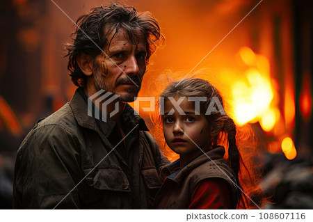 a man and a little girl in front of a burning building with the fire behind them all looking at the camera a man and a little girl in front of a burning building with the fire behind them all looking at the camera 108607116