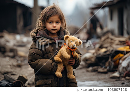 a little girl holding a teddy bear in front of the rubble - covered area that has been destroyed by fire 108607128