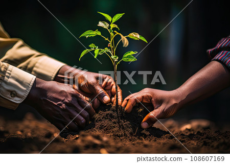 two people holding hands and planting a plant in the ground, with one person's hand on the ground 108607169