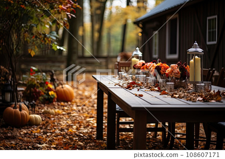 a table with candles and pumpkins on it in the leaves are all over the table, along with other autumn decorations a table with candles and pumpkins on it in the leaves are all over the table, along with other autumn decorations 108607171