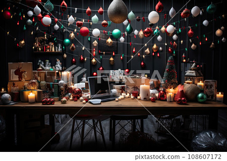 an office decorated for christmas with lights and decorations hanging from the ceiling, on a wooden table in front of a laptop 108607172