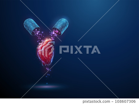 Abstract red human heart organ and opened blue medical capsule with falling particles Medical pharmacy concept. Low poly Abstract red human heart organ and opened blue medical capsule with falling particles Medical pharmacy concept. Low poly 108607306