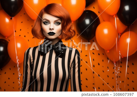 A fashionable model in a chic Halloween costume, set against a vibrant Halloween background. Ideal for promoting costume parties, fashion brands, or Halloween events. Generative Ai 108607397