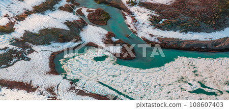 Glacier River, Snow and Nature Landscape. Aerial View. Glacier River, Snow and Nature Landscape. Aerial View. 108607403