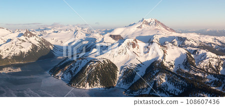 Canadian Mountain Landscape. Aerial Panoramic View. Sunny Sunset. 108607436