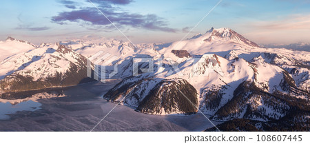 Canadian Mountain Landscape. Aerial Panoramic View. Sunny Sunset. 108607445