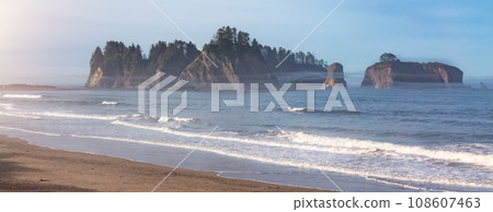 Sandy Beach on West Coast of Pacific Ocean. Foggy Colorful Sunrise. Sandy Beach on West Coast of Pacific Ocean. Foggy Colorful Sunrise. 108607463