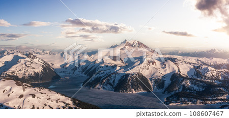 Canadian Mountain Landscape. Aerial Panoramic View. Sunny Sunset. 108607467