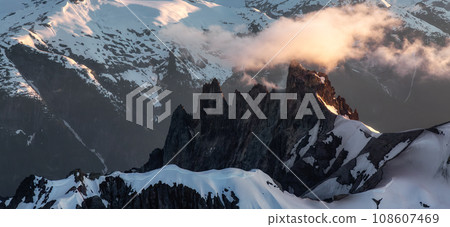 Canadian Mountain Landscape. Aerial Panoramic View. Sunny Sunset. 108607469
