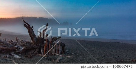 Sandy Beach on West Coast of Pacific Ocean. Foggy Colorful Sunrise. 108607475