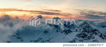 Snow covered Mountain Peak. Canadian Nature Aerial Background. 108607477
