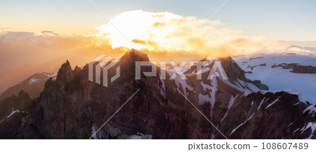 Canadian Mountain Landscape. Aerial Panoramic View. Sunny Sunset. 108607489