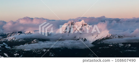 Snow covered Mountain Peak. Canadian Nature Aerial Background. 108607490