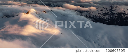 Canadian Mountain Landscape. Aerial Panoramic View. Sunny Sunset. 108607505
