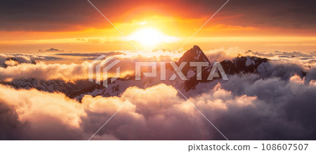 Canadian Mountain Landscape. Aerial Panoramic View. Sunny Sunset. 108607507