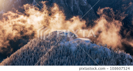 Snow covered Mountain Peak. Canadian Nature Aerial Background Panorama. 108607524