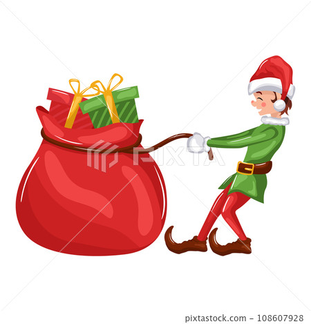 smiling christmas elf holding gift bag 108607928