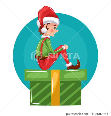 little christmas elf sitting on a cute gift box little christmas elf sitting on a cute gift box 108607931