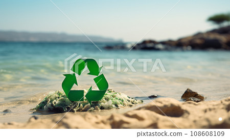 Green recycle symbol or eco sign with garbage waste on the beach and tropical sea background, sustainability and protect environment concept. Generative AI Green recycle symbol or eco sign with garbage waste on the beach and tropical sea background, sustainability and protect environment concept. Generative AI 108608109