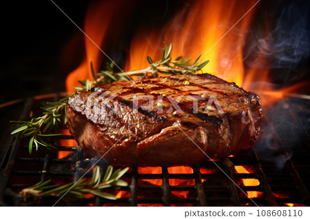 Grilling barbecue beef steak over open fire, cooking using charcoal grill. Generative AI 108608110