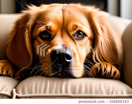 Dog lounges on cozy sofa in HDR. 108608163