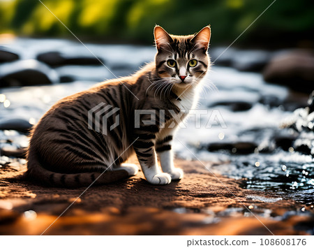 Cat by river in medium shot K. 108608176