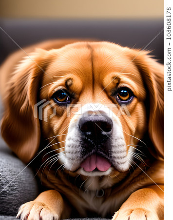 Dog lounges on cozy sofa in HDR. 108608178