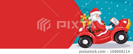 Merry christmas background with santa claus driving car and pulling gift bag on snow. Christmas banner with space for text Merry christmas background with santa claus driving car and pulling gift bag on snow. Christmas banner with space for text 108608214
