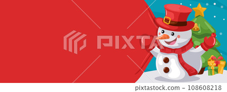 Merry christmas background with santa claus snowman pulling bag of gifts. Christmas banner with space for text Merry christmas background with santa claus snowman pulling bag of gifts. Christmas banner with space for text 108608218