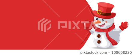 Merry christmas background with santa claus snowman pulling bag of gifts. Christmas banner with space for text Merry christmas background with santa claus snowman pulling bag of gifts. Christmas banner with space for text 108608220