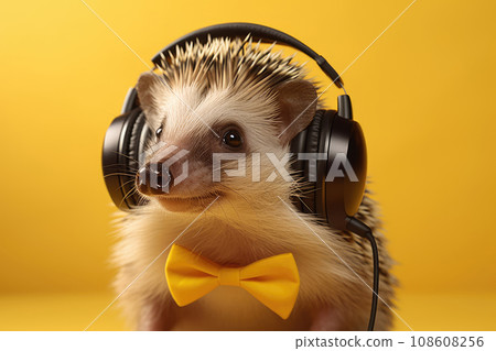 Curious forest hedgehog in large black headphones listens to music on a yellow isolated background. Hedgehog music lover in a bow tie. 108608256