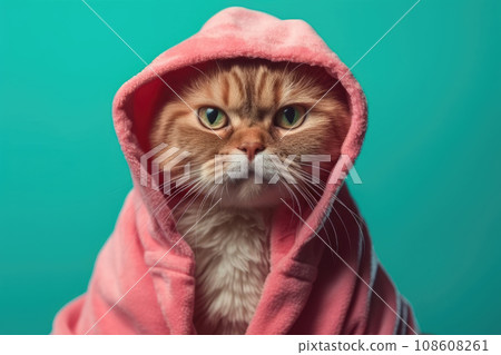 Charming, adorable, funny red cat in a pink robe with a hood on an isolated turquoise background. After the bath. Charming, adorable, funny red cat in a pink robe with a hood on an isolated turquoise background. After the bath. 108608261