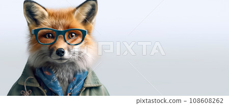 Portrait of a fox in transparent glasses and green jacket, looking directly into the camera on a white isolated background panoramic banner on the left. Fashionable fox with a scarf around his neck. Portrait of a fox in transparent glasses and green jacket, looking directly into the camera on a white isolated background panoramic banner on the left. Fashionable fox with a scarf around his neck. 108608262