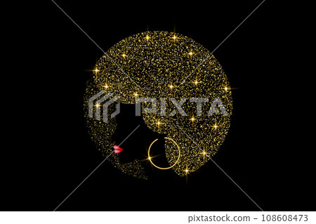 Portrait of Sparkling African woman, ethnic luxury beauty logo design with glittering Afro curly hair, hairstyles salon concept, Disco party or Jazz singer vector isolated or black background  108608473