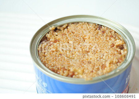 bulgur rice tuna canned food on table  108608491