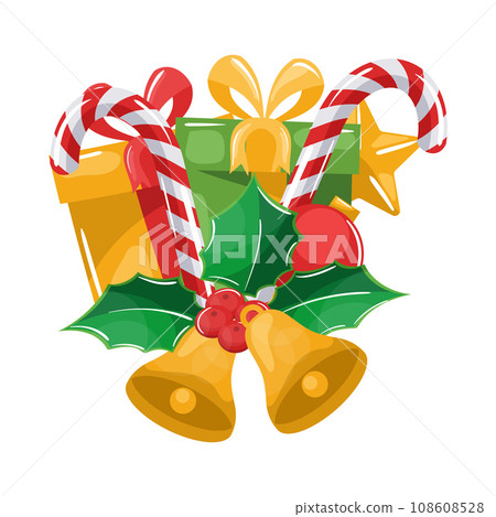 Christmas decorations, holly leaves, candy cane, gift boxes and bells for merry christmas card 108608528