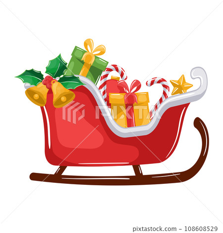 Santa sleigh design with gift boxes, candy baton and holly leaves for merry christmas card Santa sleigh design with gift boxes, candy baton and holly leaves for merry christmas card 108608529