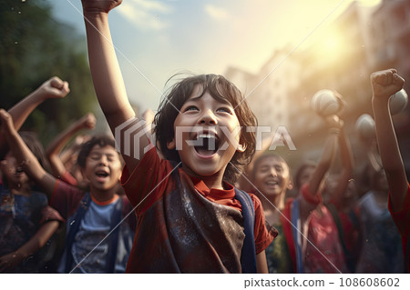 Horizontal sport background. A boys soccer team celebrating a victory. 108608602
