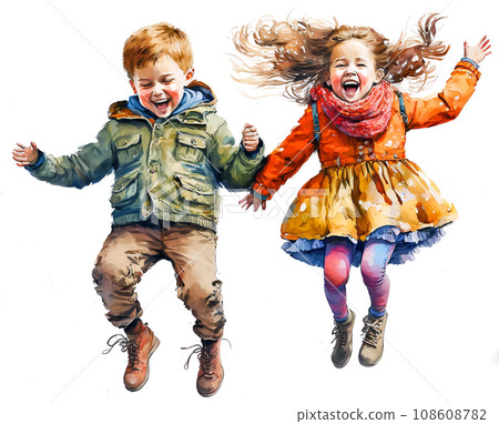 Boy and girl jumping together, cheerful kids in autumn clother, watercolor digital illustration, isolated on white 108608782